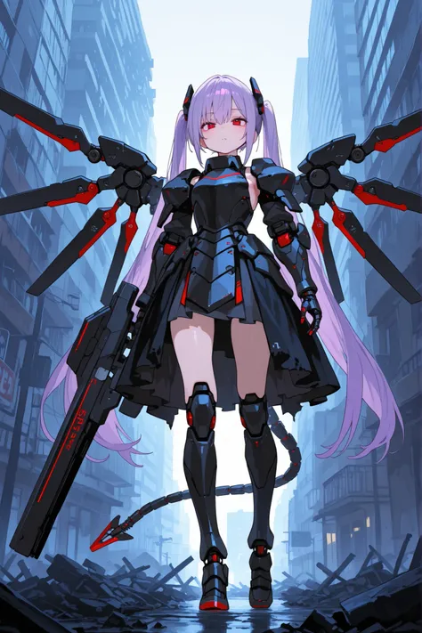 748cmstyle,(score_9, score_8_up, score_7_up,ray tracing:1), ), (masterpiece, best quality, amazing quality, masterpiece, 4k, high quality, detailed art), anime, 1 girl, very long twintails purple hair, red eye, medchests, black armored dress, artificial li...