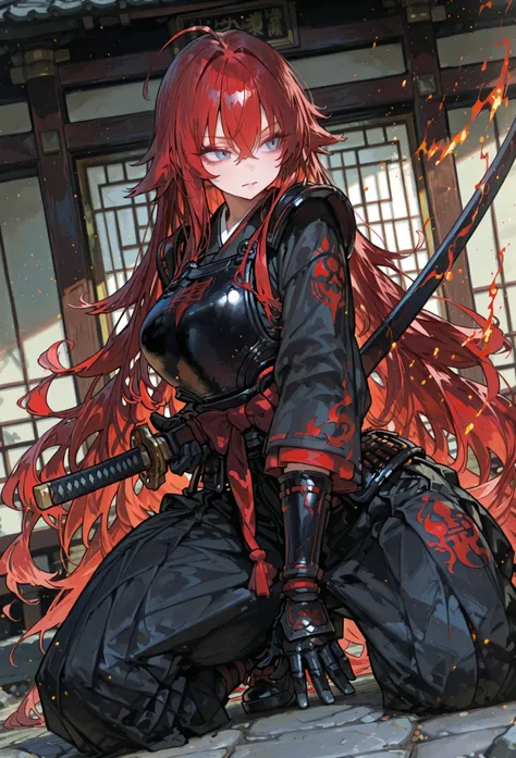
Full figure, in Japan a fierce Beautiful Gorgeous Rias Gremory a  Samurai Woman handling a flames-katana in pose action dynamic, more tattoo, Armor in Black Steel, very long long wavy Red hair, Photographic, Best Quality, well drawn highres fierce light b...