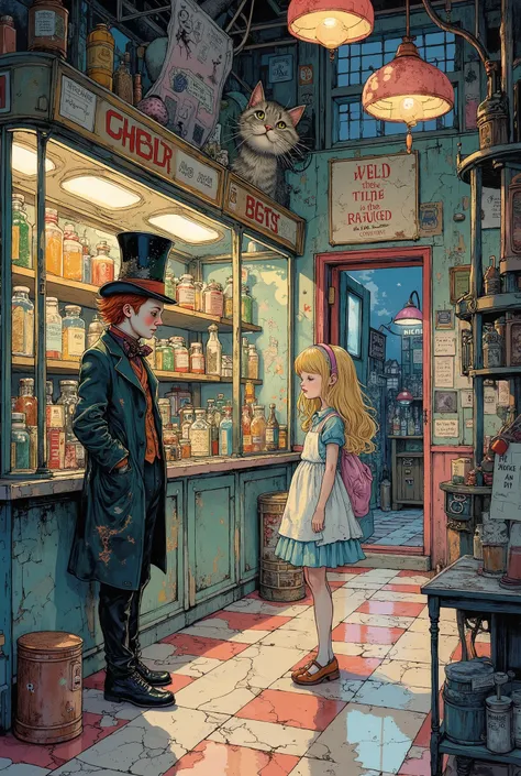 A fabulous surreal convenience store at midnight. Shelves with surreal jars, fluorescent light from mushroom lamps. Behind the counter is a sleepy salesman in a top hat (the Hatter). A young customer (Alice) is standing in the doorway. There's a Cheshire c...