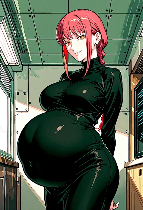 masterpiece, best quality, amazing quality, very aesthetic, high resolution, newest, score_9, score_8_up, score_7_up,source_anime,BREAK, makima, mature female, red hair, medium hair, braided ponytail, braid, sidelocks, bangs, orange eyes, ringed eyes, big ...