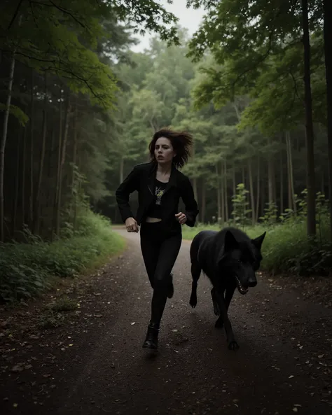 a sinister bizarre punk woman running very fast through the woods with her black wolf, resolution 8k, Ultra-Detailed, film-grade lighting, Dramatic reflections, Deep contrast, hyperrealistic textures, heavy narrative composition, woman and an intense psych...