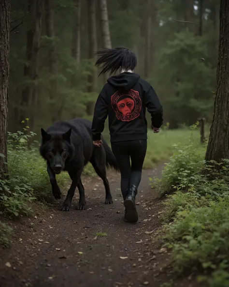a sinister bizarre punk woman running very fast through the woods with her black wolf, resolution 8k, Ultra-Detailed, film-grade lighting, Dramatic reflections, Deep contrast, hyperrealistic textures, heavy narrative composition, woman and an intense psych...