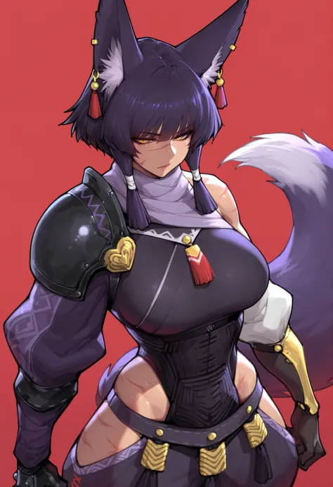 gorgeous kitsune girl, beautiful face, kitsune, hair of ash-purple color, beautiful woman, golden orange eyes, slit pupils, personalami style, volputrous body, toned woman, curvy and athletic, fox ears, short hair, dark adventurer jacket, buggy pants, sing...
