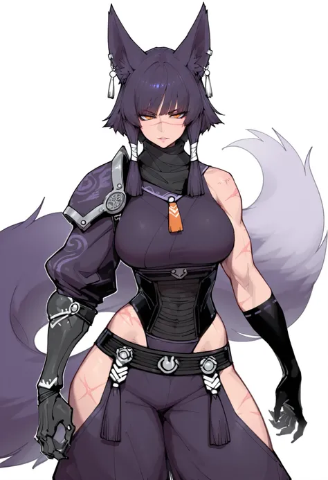 gorgeous kitsune girl, beautiful face, kitsune, hair of ash-purple color, beautiful woman, golden orange eyes, slit pupils, personalami style, volputrous body, toned woman, curvy and athletic, fox ears, short hair, dark adventurer jacket, buggy pants, sing...