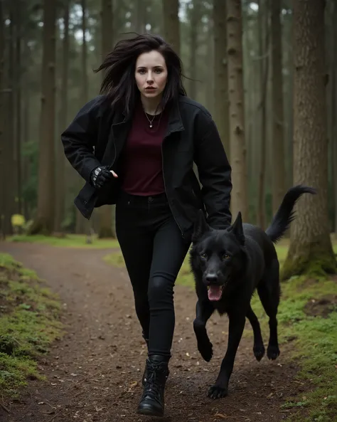 a sinister bizarre punk woman running very fast through the woods with her black wolf, resolution 8k, Ultra-Detailed, film-grade lighting, Dramatic reflections, Deep contrast, hyperrealistic textures, heavy narrative composition, woman and an intense psych...
