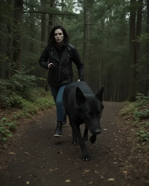 a sinister bizarre punk woman running very fast through the woods with her black wolf, resolution 8k, Ultra-Detailed, film-grade lighting, Dramatic reflections, Deep contrast, hyperrealistic textures, heavy narrative composition, woman and an intense psych...