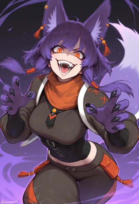 gorgeous kitsune girl, beautiful face, kitsune, hair of purple gradient fading to white, fur covered body, short fur on body, claws, hunter girl, orange eyes, red slit pupils, personalami style, volputrous body, medium breasts, slim and athletic, fox ears,...