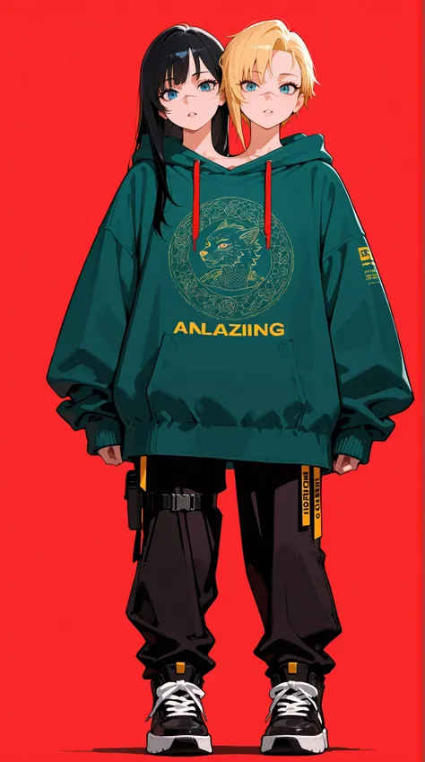 
conjoined, 2girls, 2heads, two heads, a tall thin girls with 2 heads, blond hair, black hair, single sidelock, long hair, short hair, blue eyes, scar on nose, oversized baggy green hoodie, full body shot shot, standing, looking at viewer, eyelashes, parte...