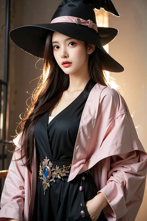 ((Best quality, 8k, Masterpiece: 1.3)), Sharp focus A beautiful woman with perfect body, magic, hat, girl, witch, wizard, Female wizard, wizard-style outfit, pink robe, pink witch hat, brown hair