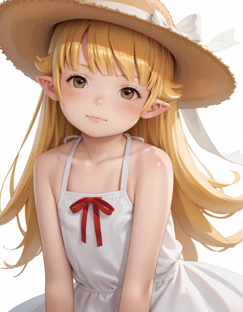 hideousbeing, solo,
hideousbeingStyle, 1girl,  bare shoulders, blonde hair, blush, bow, brown eyes, closed mouth, collarbone, dress, hat, hat bow, hat ornament, long hair, looking at viewer, monogatari (series), oshino shinobu, pointy ears, red bow, sleeve...