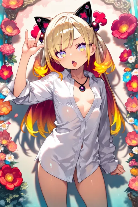 ((Masterpiece)), ((best quality, very aesthetic, absurdres, newest, detailed background)), (Intense backlighting),, ((1girl)), Cute young Girl, (Healthy Gaunt body, Textured skin, small breast, tilt head), (Bumpy skin), unruly hair, (beautiful blond hair, ...