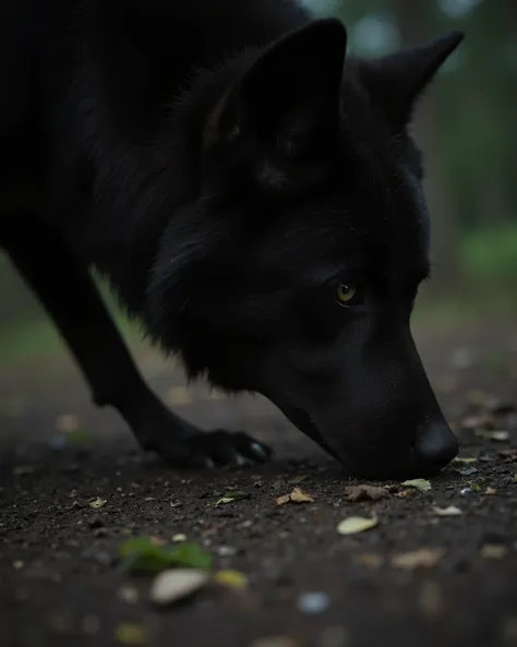 Ultra close up of A black wolf that smells the forest floor, resolution 8k, Ultra-Detailed, film-grade lighting, Deep contrast, hyperrealistic textures, heavy narrative composition, woman and an intense psychological atmosphere.