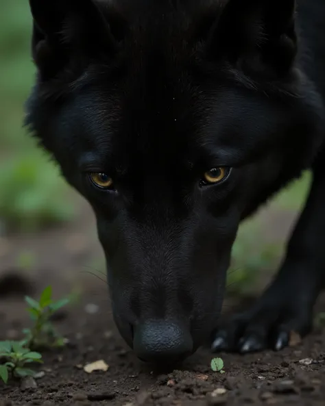 Ultra close up of A black wolf that smells the forest floor, resolution 8k, Ultra-Detailed, film-grade lighting, Deep contrast, hyperrealistic textures, heavy narrative composition, woman and an intense psychological atmosphere.