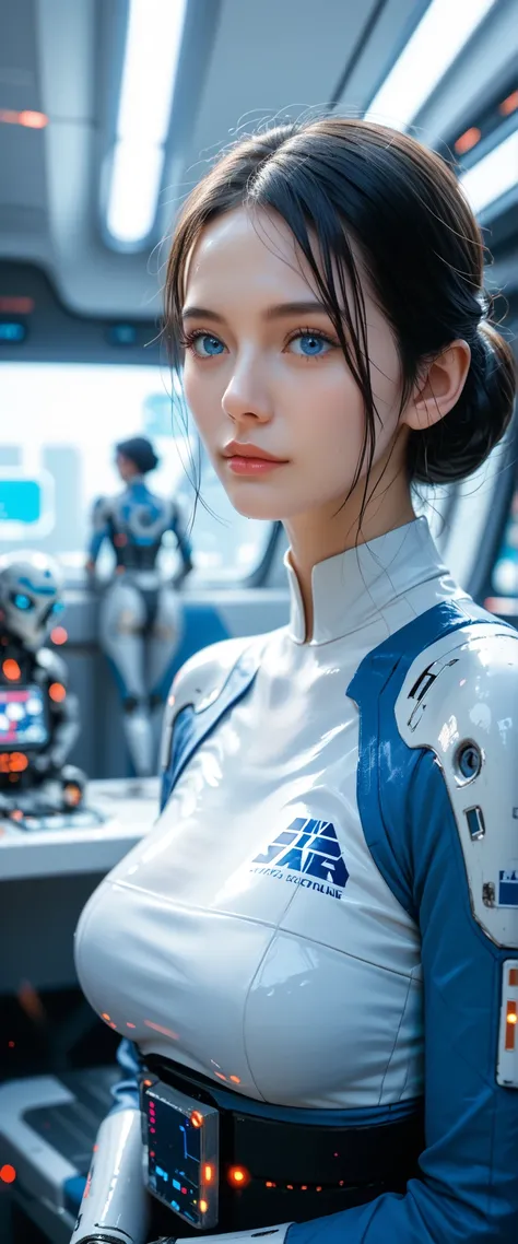 in high-definition images、Star Wars worldview、woman, Mechanical Blue Body , top quality, masterpiece, 8k, futuristic spaceship interior ,サイバーブルースーツを着たwoman, black hair, blue eyes, shortcuts, top quality, Hi-Res, , blue eyes,