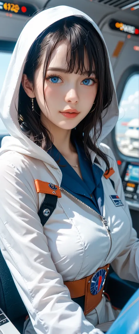 High Definition Images、Star Wars Worldview、womanhood、inside the cockpit of the Millennium Falcon、top quality、masterpiece、8k、 futuristic spaceship interior 、ピンクのサイバースーツを着たwomanhood、dark haired、blue eyes、shortcuts、top quality、hi-res、、blue eyes、