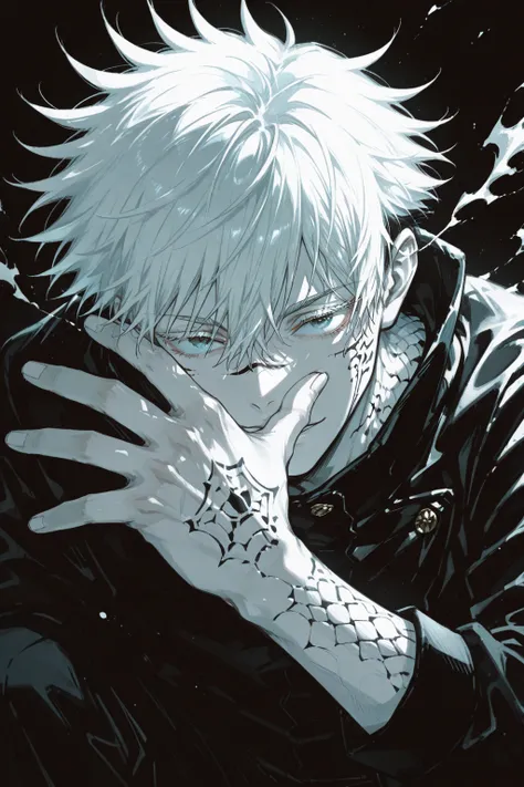 draw gojo satoru from jujutsu kaisen in the air with iconic pose , manga panel, high resolution, black and white colour scales, black or white background