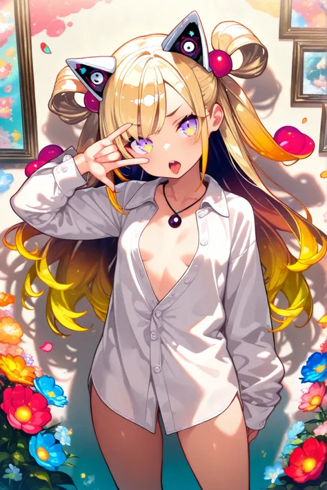 ((Masterpiece)), ((best quality, very aesthetic, absurdres, newest, detailed background)), (Intense backlighting),, ((1girl)), Cute young Girl, (Healthy Gaunt body, Textured skin, small breast, tilt head), unruly hair, (beautiful blond hair, gradient hair,...