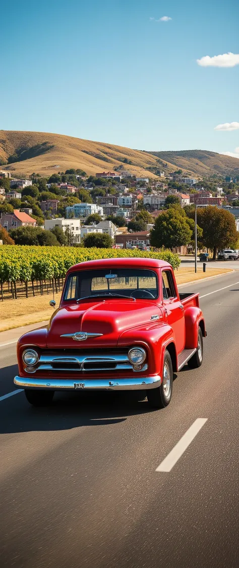 high-resolution image、Fort Worth, Texas、country style cityscape、You can imagine the、Learn more about the cityscape with a red pickup、With a red pickup、Admire the hilly vineyard area