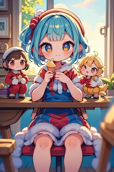 Four cute rag dolls, adorable cloth dolls, sitting on vintage wooden chairs around a table with four magnificent and delicious very colorful ice cream cups, soft pastel colors, warm lighting, cozy interior, detailed textures, soft focus, photorealistic, 4K...