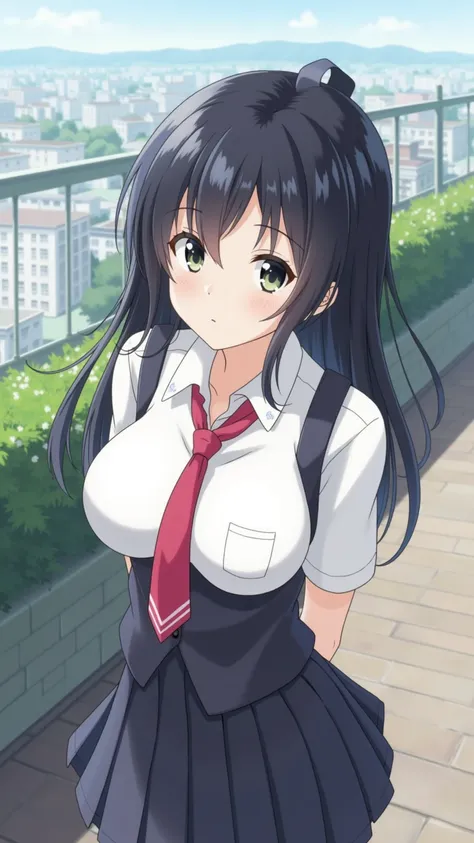  High Resolution ,   disorganized ,Reimiyamoto,  school uniform, Closed Her Mouth ,huge breasts,  viewers watching , standing,((Masterpiece)),(( best quality )), Complete anatomy, 8K Ultra HD , very detailed face,Shine and Shine ,(( 1 girl)),((Alone)),(Beautiful and fine eyes:1.5), perfect picture,( upper body:1.1),( Looking Ahead :1.1), with your arms behind your back, Slim Waist , shiny hair, outdoor, tea hair,