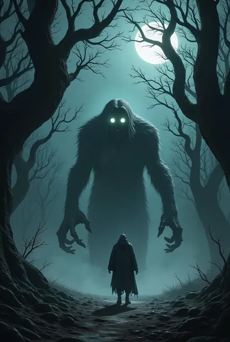 In a darkly lit, mist-shrouded forest, a haunting figure stands at the edge of a clearing. The full moon casts an eerie glow on the trees, illuminating twisted branches like grasping fingers. A lone traveler, dressed in tattered robes, appears frozen in te...