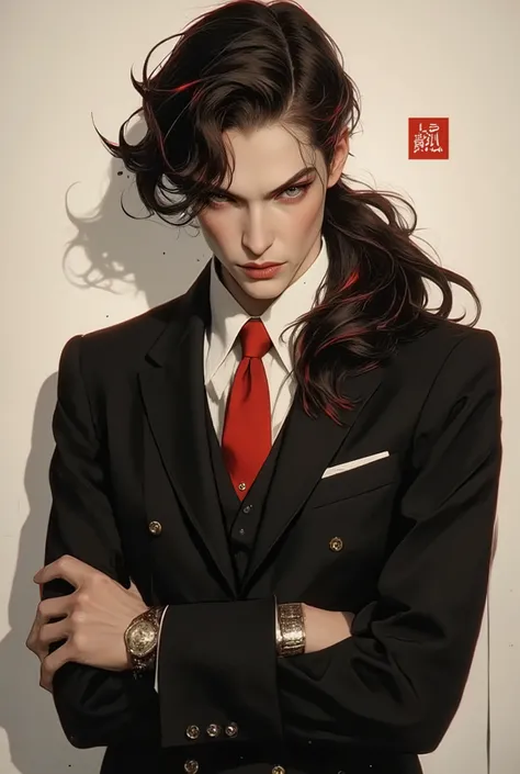 25 years barmen girl. She stands at 5'10" with a tall, totem, and athletically lean figure that balance strength and femininity. Her raven-black hair cascades down her back in loose waves, accented by bold red streaks. She usually ties it into a low ponyta...