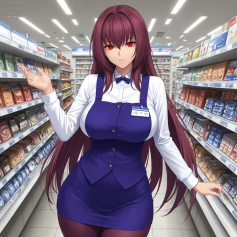 scathach from fate grand order, violet hair, red hair, medium tits, wide hips, convenience store, midnight, boring expression, detailed eyes, beautiful face, full hd, contrast, Scathach supermarket uniform,