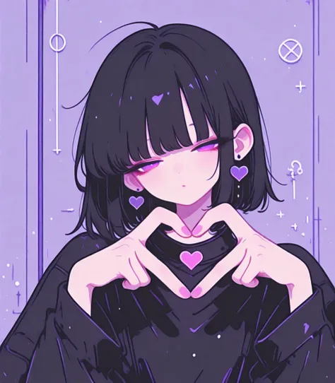 punk, cool beauty, solo woman, black hair, slender body, half-closed eyes, rest, Japanese exotic fashion, Zen motif room, geometric, heart hands,