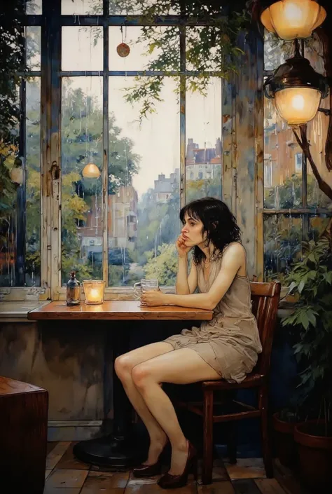 A cozy cafe in rainy weather, a girl is sitting at a table by the window, looks out the window thoughtfully, it's raining outside, trickles of water flow down the glass, raindrops in puddles, the girl is wearing a (wet), dress and the girl has black hair ((wet from the rain)), photorealism, professional photo.