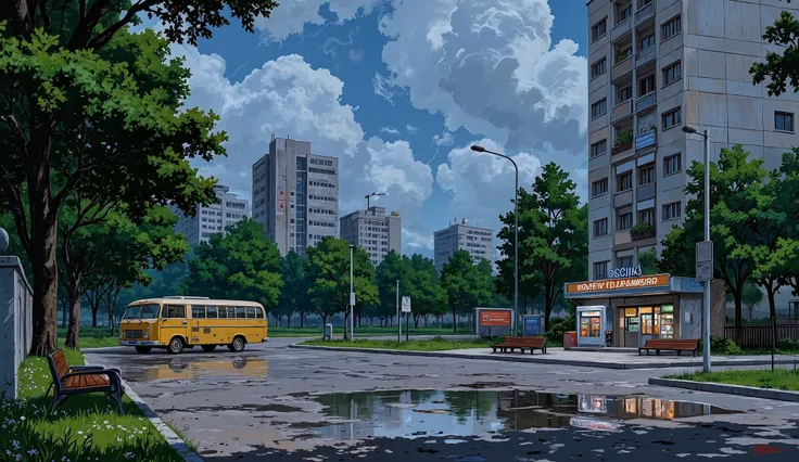 landscape, street, USSR vibes, panel buildings:2.5, panelki:2.5, many floors, many green trees, night, summer, puddles on the asphalt, cloudy:1.5, grass, crossroad:1.5, cracks in the asphalt:0.5, soviet-style concrete fence:0.15, flowers:0.25, constructivi...