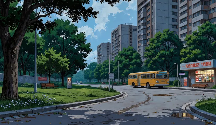 landscape, street, USSR vibes, panel buildings:2.5, panelki:2.5, many floors, many green trees, night, summer, puddles on the asphalt, cloudy:1.5, grass, crossroad:1.5, cracks in the asphalt:0.5, soviet-style concrete fence:0.15, flowers:0.25, constructivi...
