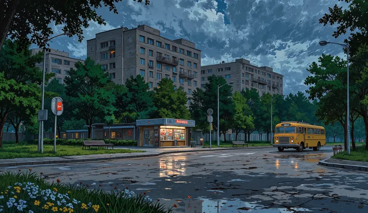 landscape, street, USSR vibes, panel buildings:2.5, panelki:2.5, many floors, many green trees, night, summer, puddles on the asphalt, cloudy:1.5, grass, crossroad:1.5, cracks in the asphalt:0.5, soviet-style concrete fence:0.15, flowers:0.25, constructivi...