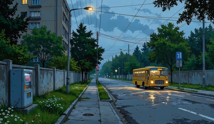 landscape, street, USSR vibes, panel buildings:2.5, panelki:2.5, many floors, many green trees, night, summer, puddles on the asphalt, cloudy:1.5, grass, crossroad:1.5, cracks in the asphalt:0.5, soviet-style concrete fence:0.15, flowers:0.25, constructivi...