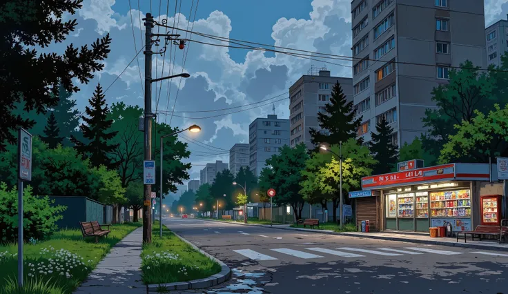 landscape, street, USSR vibes, panel buildings:2.5, panelki:2.5, many floors, many green trees, night, summer, puddles on the asphalt, cloudy:1.5, grass, crossroad:1.5, cracks in the asphalt:0.5, soviet-style concrete fence:0.15, flowers:0.25, constructivi...
