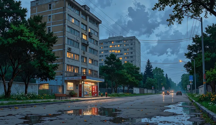 landscape, street, USSR vibes, panel buildings:2.5, panelki:2.5, many floors, many green trees, night, summer, puddles on the asphalt, cloudy:1.5, grass, crossroad:1.5, cracks in the asphalt:0.5, soviet-style concrete fence:0.15, flowers:0.25, constructivi...