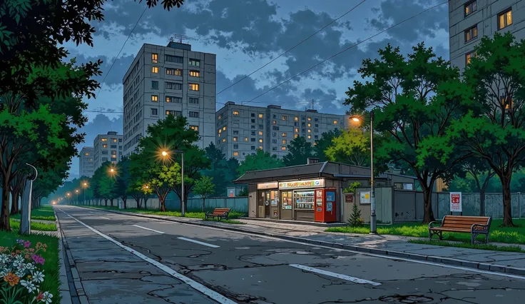 landscape, street, USSR vibes, panel buildings:2.5, panelki:2.5, many floors, many green trees, night, summer, puddles on the asphalt, cloudy:1.5, grass, crossroad:1.5, cracks in the asphalt:0.5, soviet-style concrete fence:0.15, flowers:0.25, constructivi...