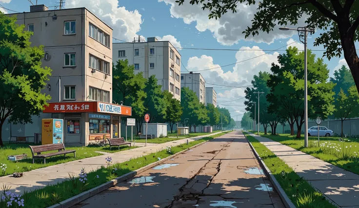 landscape, street, USSR vibes, panel buildings:2.5, panelki:2.5, many floors, many green trees, evening, summer, puddles on the asphalt, cloudy:1.5, grass, cracks in the asphalt:0.5, soviet-style concrete fence:0.15, flowers:0.25, constructivism, without s...