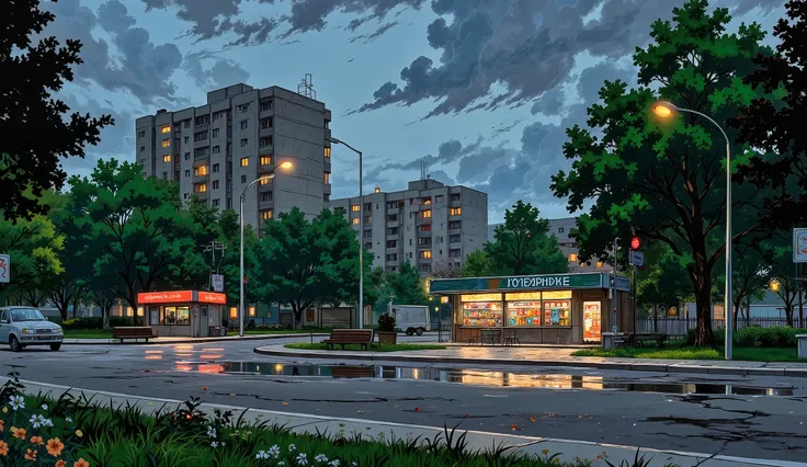 landscape, street, USSR vibes, panel buildings:2.5, panelki:2.5, many floors, many green trees, night, summer, puddles on the asphalt, cloudy:1.5, grass, crossroad:1.5, cracks in the asphalt:0.5, soviet-style concrete fence:0.15, flowers:0.25, constructivi...