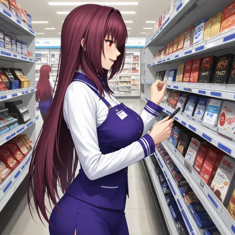 scathach from fate grand order, violet hair, red hair, medium tits, wide hips, convenience store, midnight, happy expression, detailed eyes, beautiful face, full hd, contrast, scathach supermarket uniform, sighing, ORDERING PRODUCTS on the shelf, side view