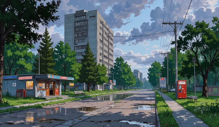 landscape, street, USSR vibes, panel buildings:2.5, panelki:2.5, many floors, many green trees, evening, summer, puddles on the asphalt, cloudy:1.5, grass, cracks in the asphalt:0.5, flowers:0.25, constructivism, without sun, street lighting poles:0.1, des...