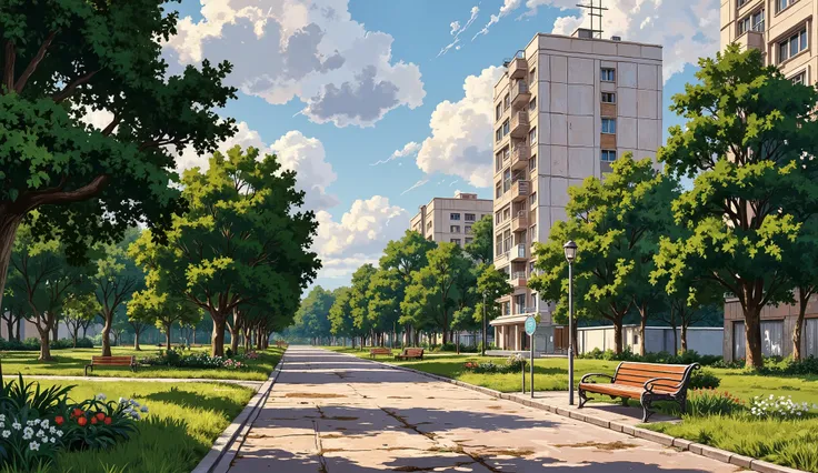 landscape, street, USSR vibes, panel buildings:2.5, panelki:2.5, many floors, many green trees, evening, summer, puddles on the asphalt, cloudy:1.5, grass, cracks in the asphalt:0.5, flowers:0.25, constructivism, without sun, khrushchevka, benches