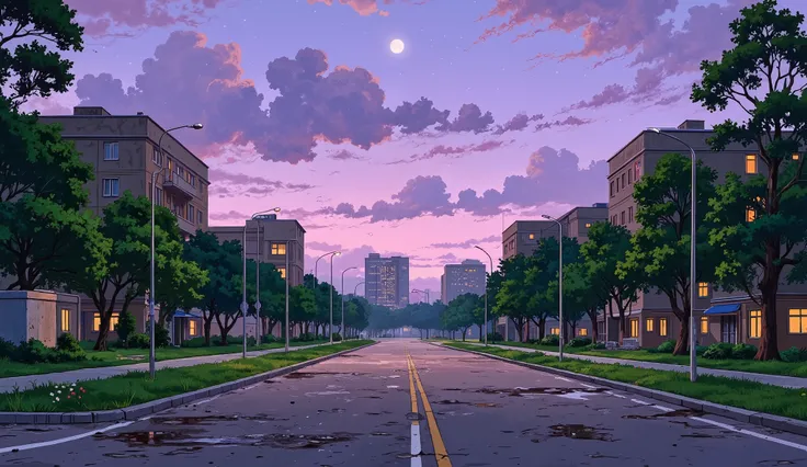 landscape, street, USSR vibes, panel buildings:2.5, panelki:2.5, many floors, many green trees, pink evening, stars, moon, summer, puddles on the asphalt, cloudy:1.5, grass, flowers:0.25, constructivism, without sun, khrushchevka