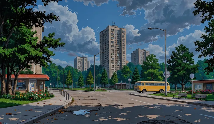 landscape, street, USSR vibes, panel buildings:2.5, panelki:2.5, many floors, many green trees, night, summer, puddles on the asphalt, cloudy:1.5, grass, crossroad:1.5, cracks in the asphalt:0.3, soviet-style concrete fence:0.15, flowers:0.25, constructivi...