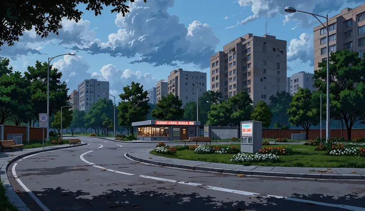 landscape, street, USSR vibes, panel buildings:2.5, panelki:2.5, many floors, many green trees, night, summer, puddles on the asphalt, cloudy:1.5, grass, crossroad:1.5, cracks in the asphalt:0.5, soviet-style concrete fence:0.15, flowers:0.25, constructivi...