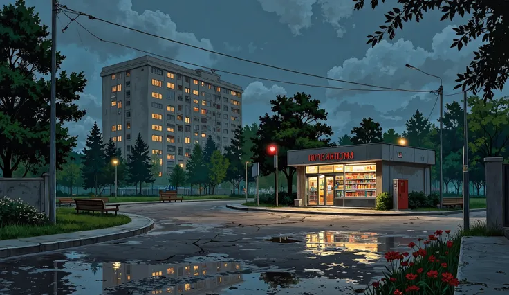 landscape, street, USSR vibes, panel buildings:2.5, panelki:2.5, many floors, many green trees, night, summer, puddles on the asphalt, cloudy:1.5, grass, crossroad:1.5, cracks in the asphalt:0.5, soviet-style concrete fence:0.15, flowers:0.25, constructivi...
