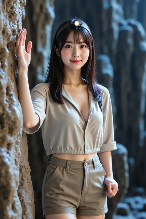 sakura,professional photography, masterpiece, high resolution, a knee-up portrait of a 20-year-old adventurous Japanese woman with an awestruck smail, exploring a magnificent limestone cave. She has delicate Japanese facial features, a soft angular jawline...