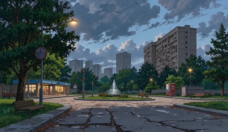 landscape, street, USSR vibes, panel buildings:2.5, panelki:2.5, many floors, many green trees, night, summer, puddles on the asphalt, cloudy:1.5, grass, crossroad:1.5, cracks in the asphalt:0.5, soviet-style concrete fence:0.15, flowers:0.25, constructivi...