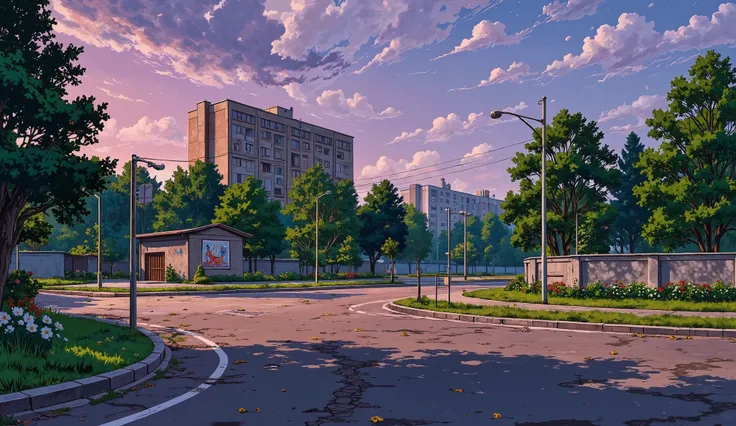 landscape, street, USSR vibes, panel buildings:2.5, panelki:2.5, many floors, many green trees, pink evening, stars, moon, summer, puddles on the asphalt, cloudy:1.5, grass, crossroad:1.5, cracks in the asphalt:0.3, soviet-style concrete fence:0.15, flower...