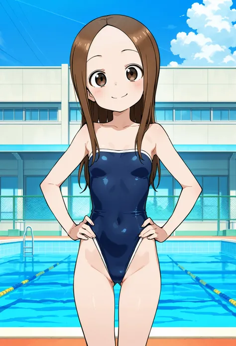 anime screencap, score_9, score_8_up, score_7_up, source_anime,BREAK,(nsfw:1.2),takagi-san, 1girl, solo, long hair,middle breast,BREAK,(one-piece swimsuit:1.5,highleg,thong,shoulderless, Strapless),BREAK,evil smile,BREAK,standing,hands on hips,open stance,...