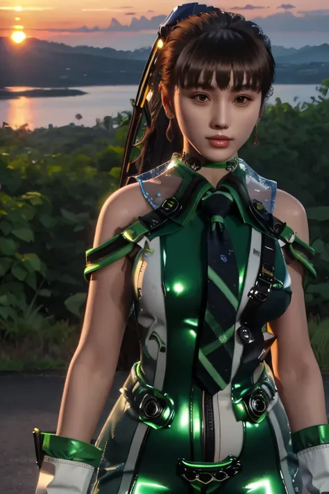 eve, brown eyes, greensuit,  (best quality:1.2),(masterpiece:1.2),(detailed:1.1) , sunset